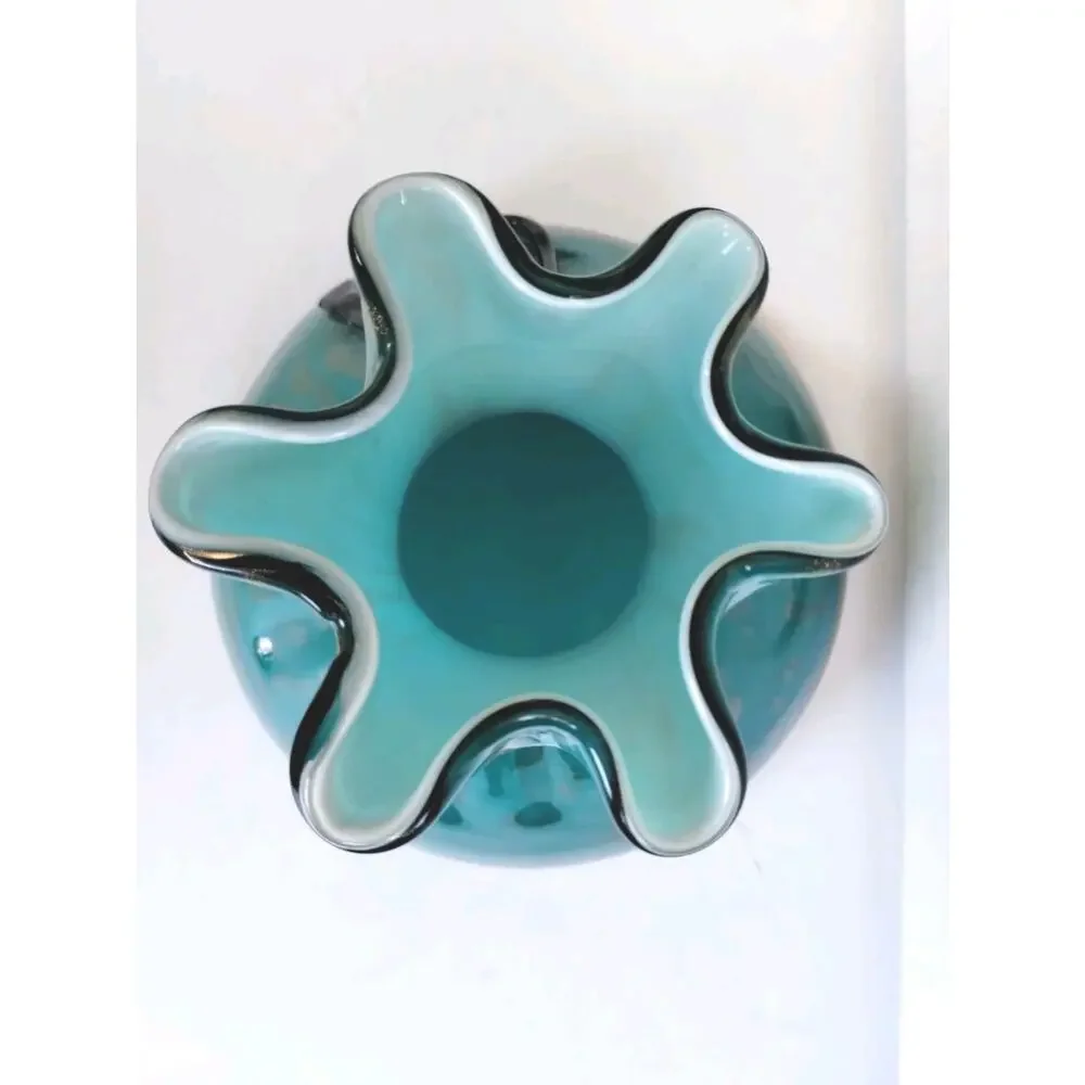 Vintage MCM Art Glass Blue-Green Gold Splashed Ruffled Lip Drawstring Purse Vase